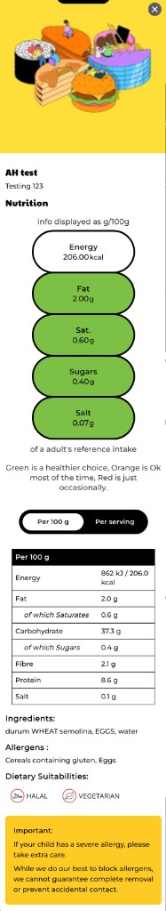 Long screenshot of the Byte mobile pre-ordering flow, including meal details, nutrition and allergens