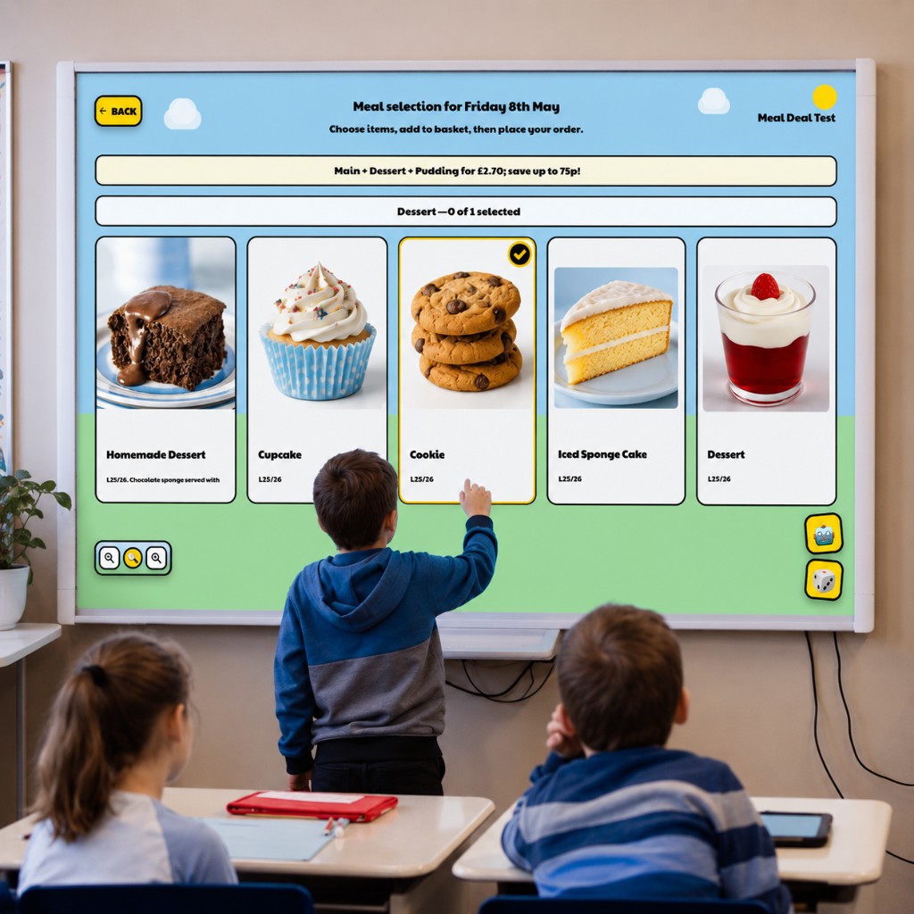 Classroom whiteboard showing meal options while pupils place pre-orders