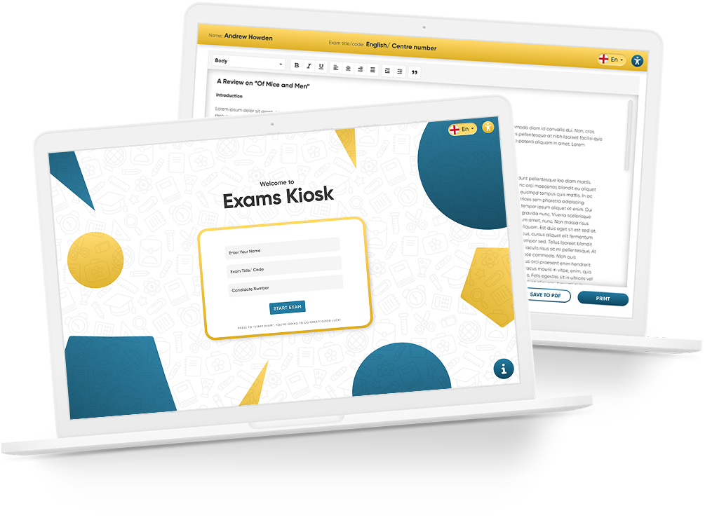 Exams Kiosk: welcome screen and exam editor on two laptops